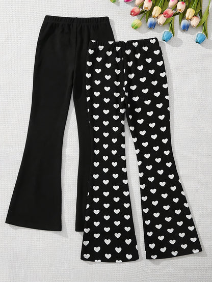 2pcs Girls' Heart Print & Solid Black Flare Leg Pants - Stretchable Bell-Bottom Trousers with Heart Patterns, Machine Washable Suitable for Outdoor Play, Dance, Gym, Casual Wear, All-Season for Aged 3+, Perfect for Outdoor