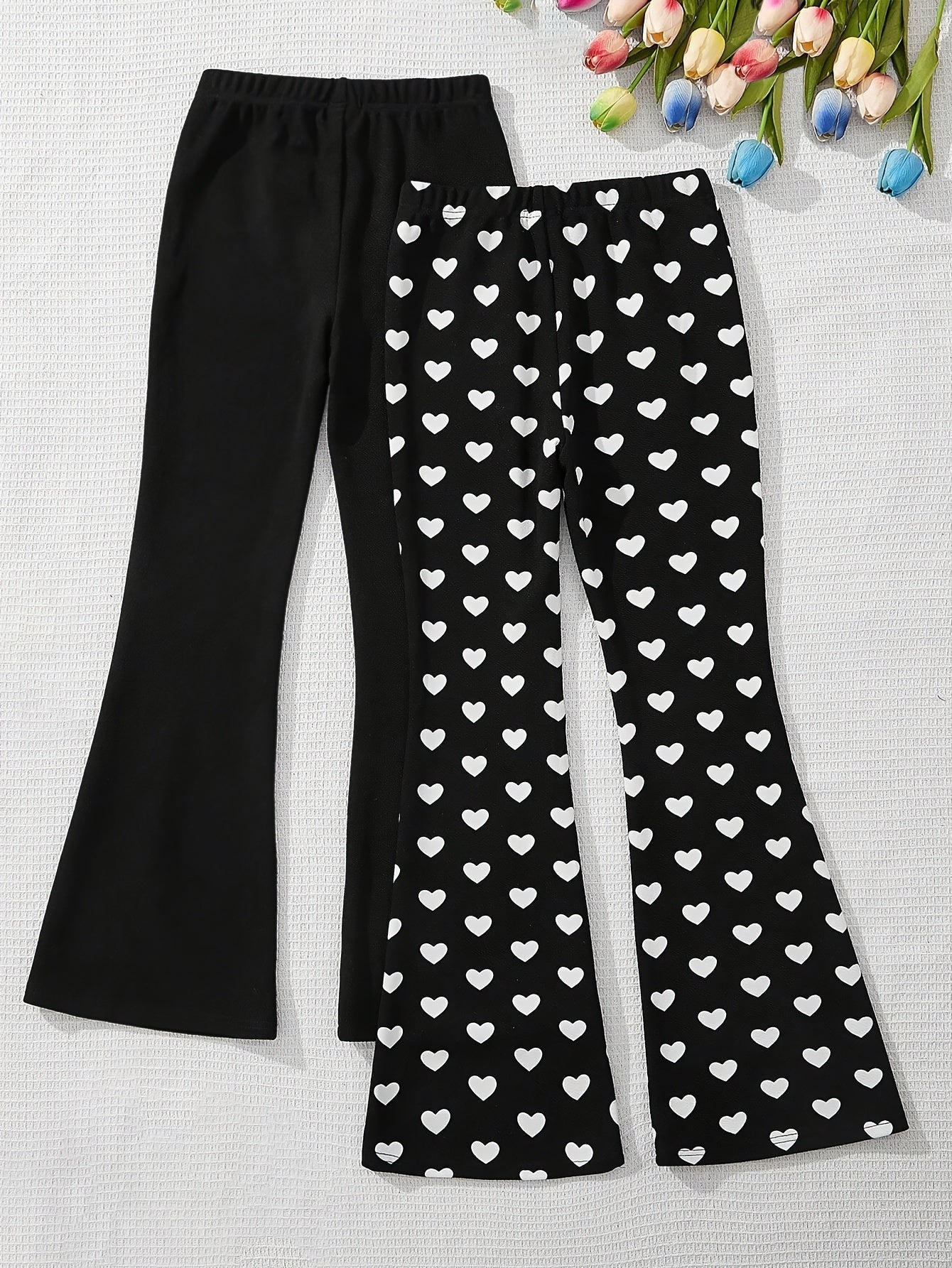 2pcs Girls' Heart Print & Solid Black Flare Leg Pants - Stretchable Bell-Bottom Trousers with Heart Patterns, Machine Washable Suitable for Outdoor Play, Dance, Gym, Casual Wear, All-Season for Aged 3+, Perfect for Outdoor