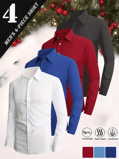 4pcs Men'S Formal Shirt Casual Shirt, Classic Button Up Long Sleeved Shirt, Solid Color Series, 97% Fiber, 3% Spandex, Skin Friendly And Breathable, Suitable For Business, Outdoor Leisure, Wedding Banquets, Dates, All Seasons