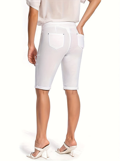 Women's Stretchy Pull On Bermuda Shorts High Waist Office to Vacation Pants, Non See Through Fabric, Machine Washable with 5 Pockets & Cuffed Hem for Everyday, Formal Events Elegant Casual All Season Shorts