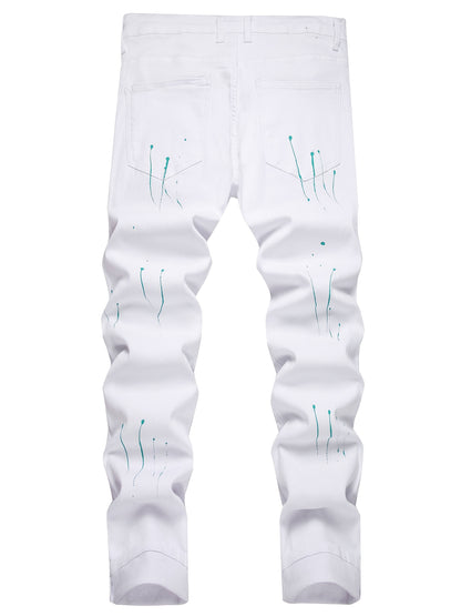 Men'S Sunny White Slim Fit Jeans Green Wave Lining Men'S Ripped Slim Fit Jeans Fashion/Business Negotiation/Holiday Party/Outdoor Travel Straight Comfortable Waisted Pants Easy To Match With Tops