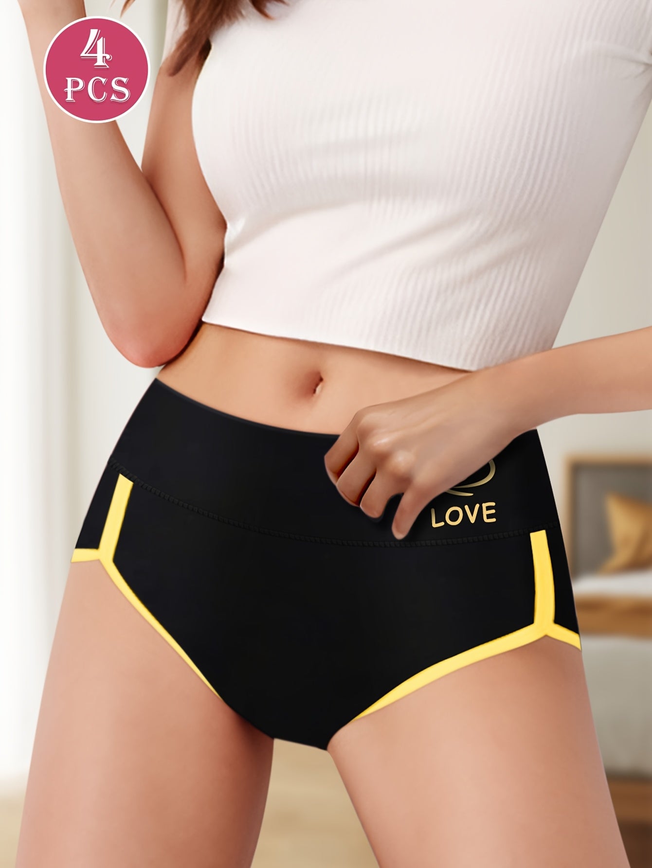 4pcs Women's High Waist Briefs, Underwear for Women Color Block Design, Printed Pattern, Soft & Comfortable Daily Triangle Underwear