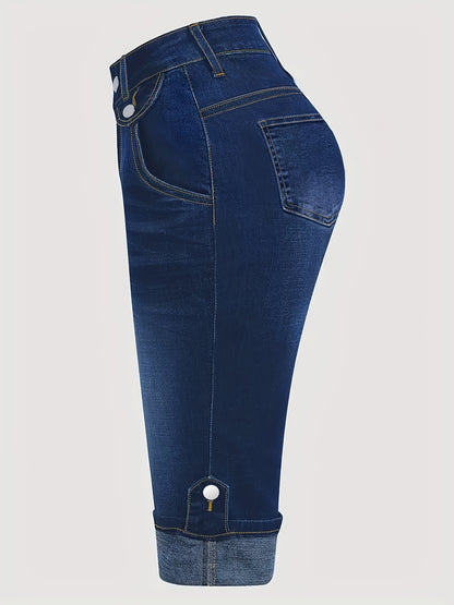 Women'S Plus Size Denim Blue Cropped Jeans | High Waisted Cuffed Hem with Front Pockets, Ankle Decor Buttons, Single Button & Zipper Fly, Street Trendy Casual for Spring/Summer/Fall Wear