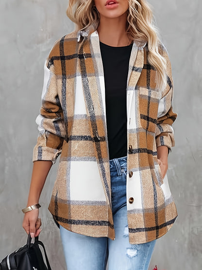 Plaid Shirt Jacket - Women'S Long Sleeve Button Coat for Casual Commute Date Night