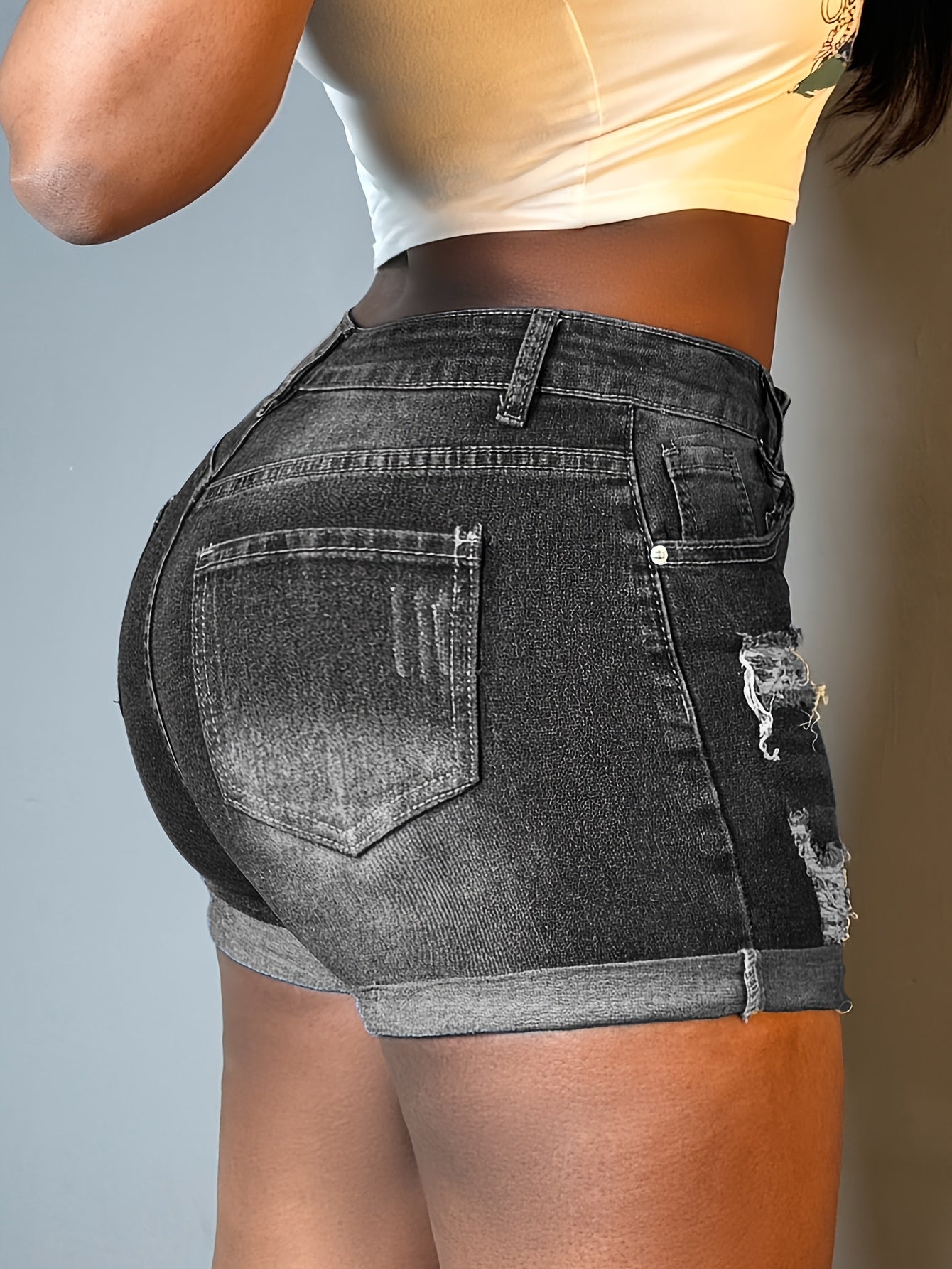 Women's High-Stretch Ripped Denim Shorts - Summer Casual Straight Leg Shorts with Practical Pockets, Machine Washable & Distressed Details for Everyday Comfort