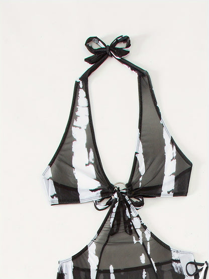Fashionable And Sexy Tie-Dye Hanging Neck Split One-Piece Swimsuit, Women'S Swimsuit Three-Piece Set, High-Thigh Bikini Set, Hollowed-Out Design And Flowing Skirt Elements, Suitable for Pool Parties And Island Vacation Scenes