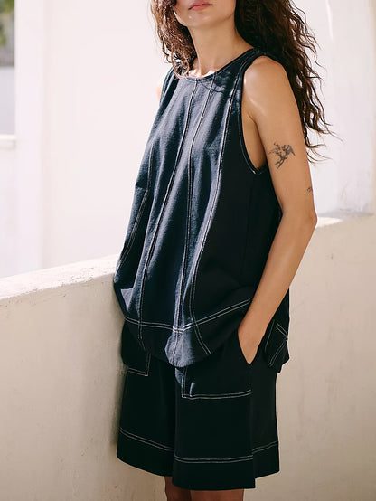 Womens 2pcs Outfits Sleeveless Matching Sets A Line Tank Tops Contrast Stitching High Waist Shorts with Pockets