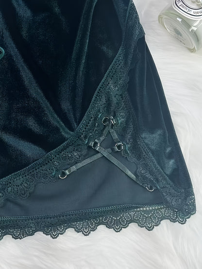 New Spring/Summer Gift: Light Luxury High-End Solid Color Lace Patchwork Tie-Up V-Neck Side-Slit Backless Slim-Fit Velvet Dress. Soft and Comfortable Fabric, Light Luxury and High-end