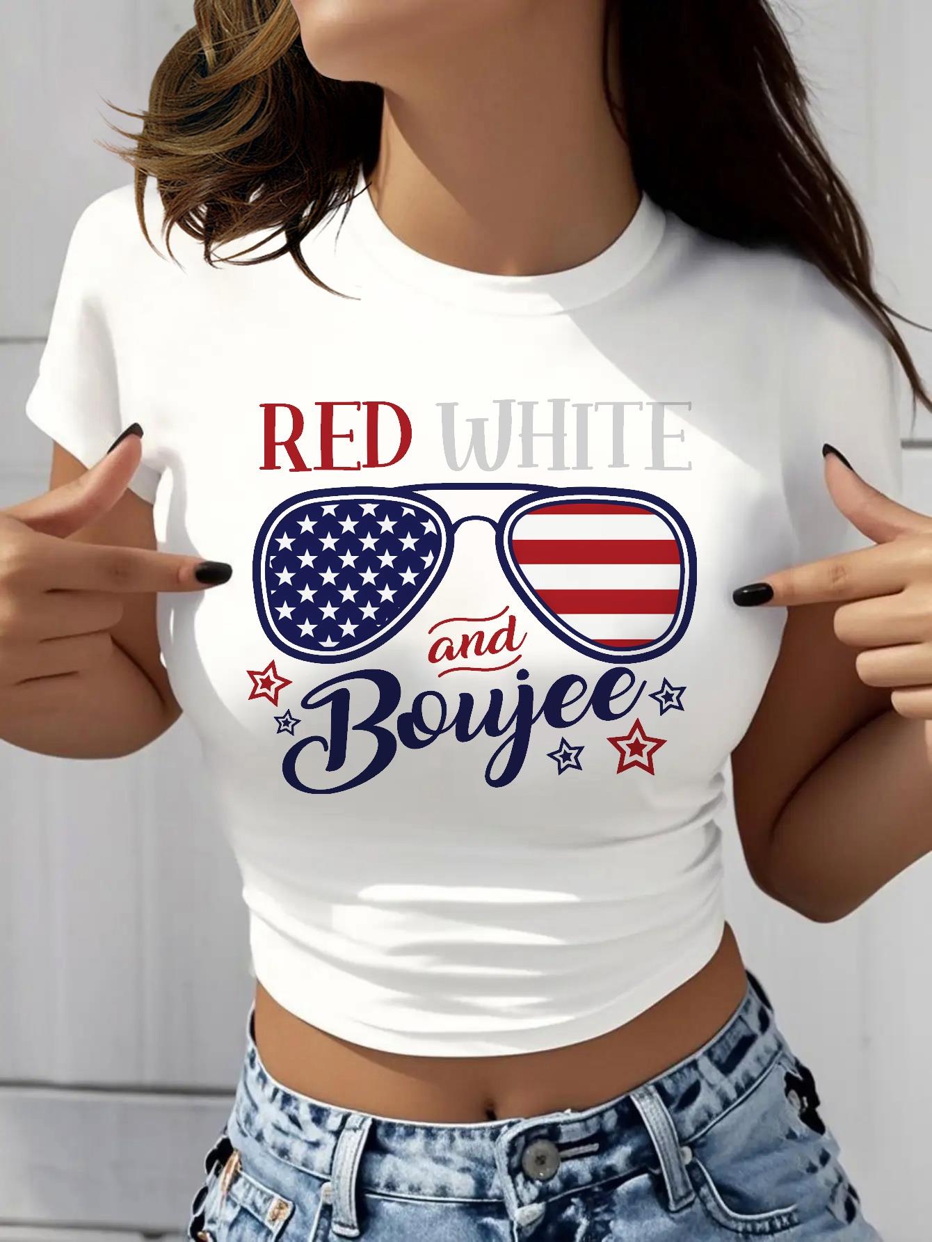 Fashion Glasses American Flag Left Lens Fashion Pattern Print Sexy Slim-Fit Crop Top for Women, Versatile Short Sleeve Round Neck Women'S T-Shirt, Spring/Summer Essential Cropped Top