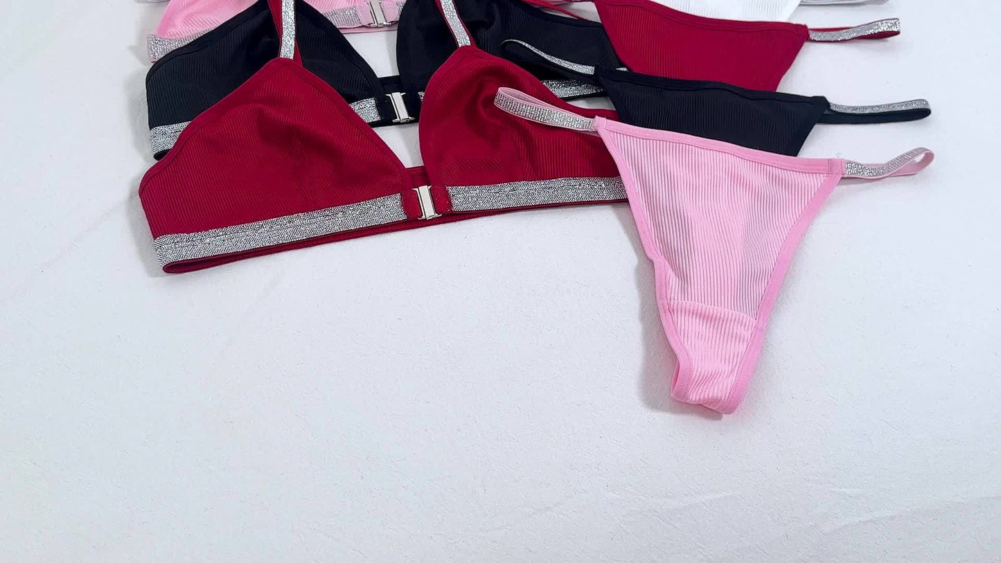 2026 4 Sets Of Women's Sexy Bra Set, Gathered Breathable Front Buckle Bra & Low Waist Thong, Shiny Silvery Ribbon, Love Button, Solid Color Comfortable And Soft Fabrics, Romantic Party Fashion Wearing Game Day Outfit for Soccer Fans and All Fans