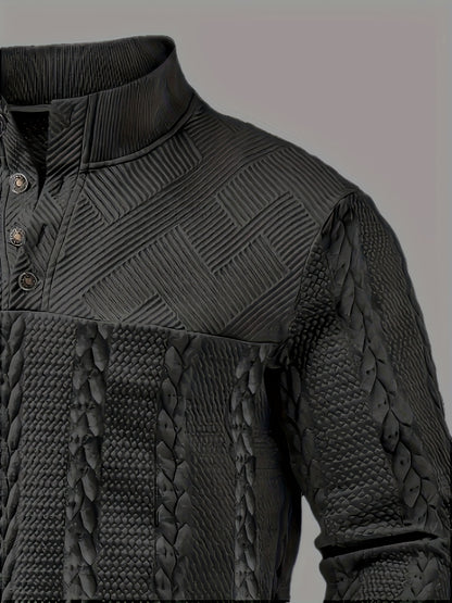 Casual Top for Men in Autumn/Winter, Featuring a Textured Wheat Pattern Fabric, Contrasting Ribbed Edges, And a Zippered Long-Sleeve Henley Design. an Ideal Present for New Year, Valentine'S Day, Or for Your Husband