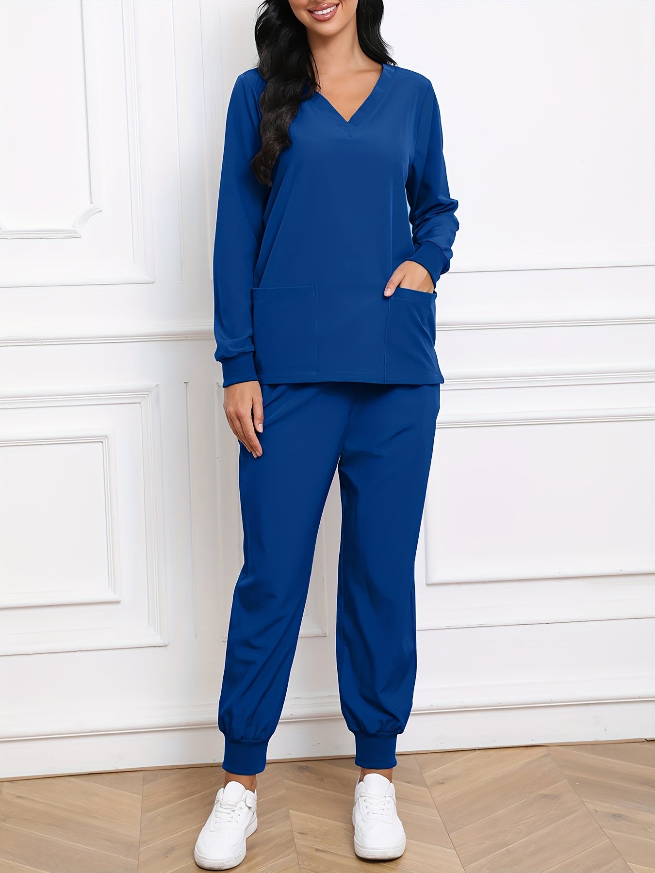 Women'S V-Neck Long Sleeve Elastic Uniform Set with Pockets, Breathable Stretch Top And Waist Cord Pocket Pants Two-Piece Set