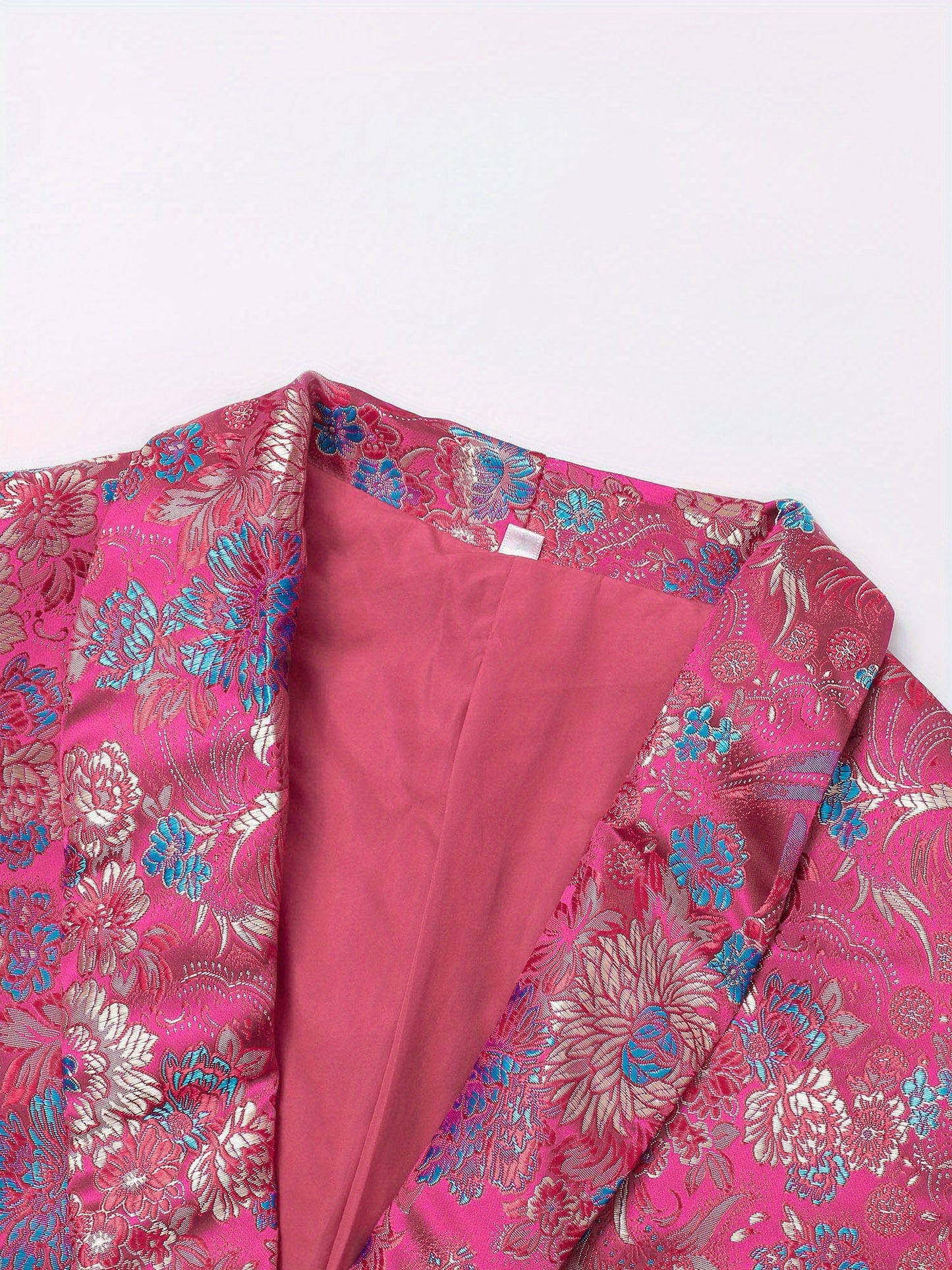 Glouri Hot Pink Floral Jacquard Suit Set - Women'S Long Sleeves Satin Blazer And Straight Leg Pants | Formal Wedding Guest Outfit for Red Carpet Events/Black (Two-Piece And Pocket Details)