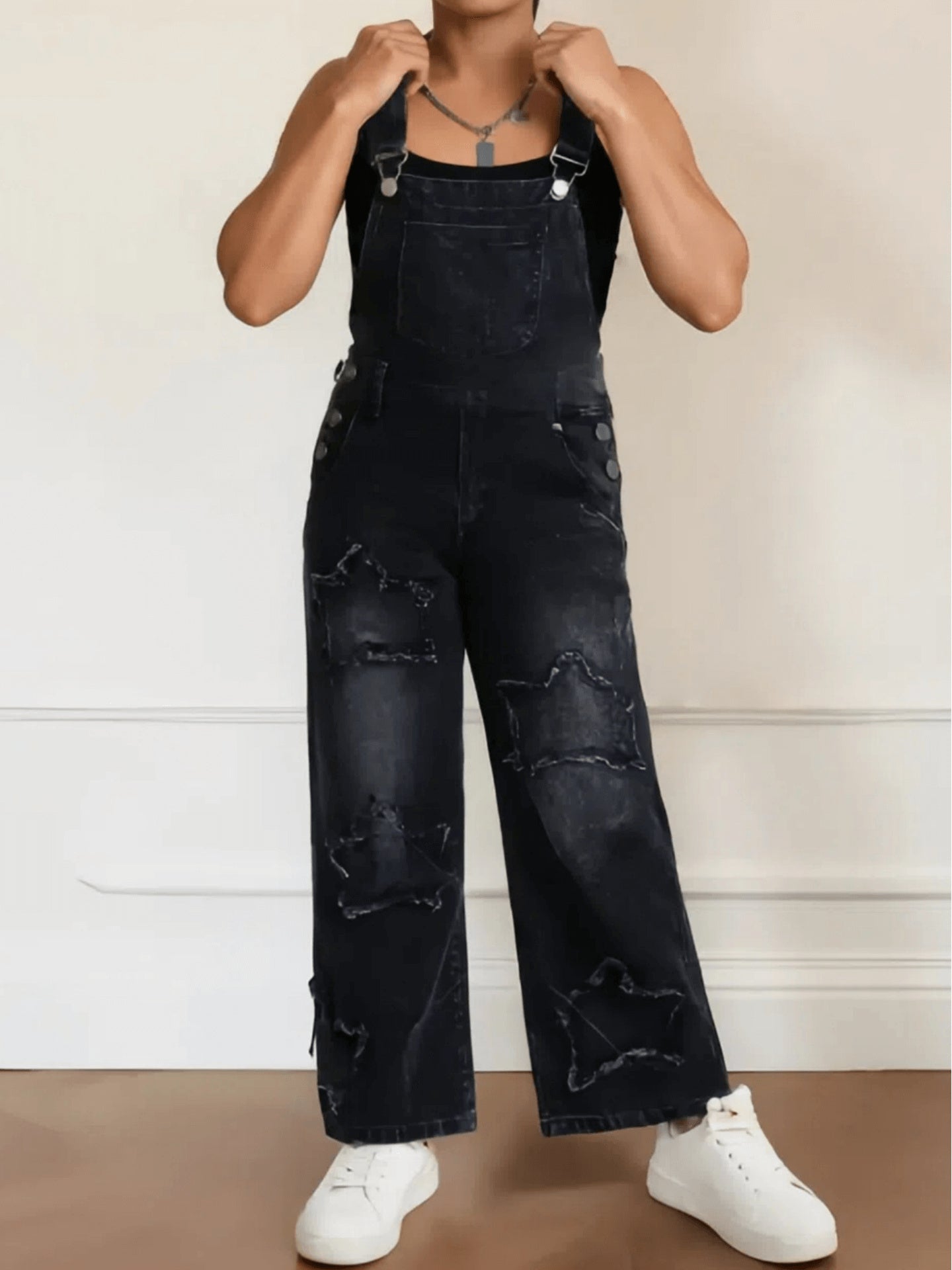 Teen Girls' Wide-Leg Denim Overalls with Star Embroidery Everyday Outfits - Machine Washable Teen Loose Fit Long Denim Machine Washable All-Season Casual Jeans for Teens Durable Fabric, for Outdoor
