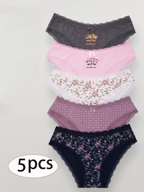 5-Pack Women'S Triangle Panties with Floral Print, Nude Comfortable Soft Stretchy Large Size Underwear with Bow Decoration, Simple Elegant Breathable Briefs - 2025 New Arrival