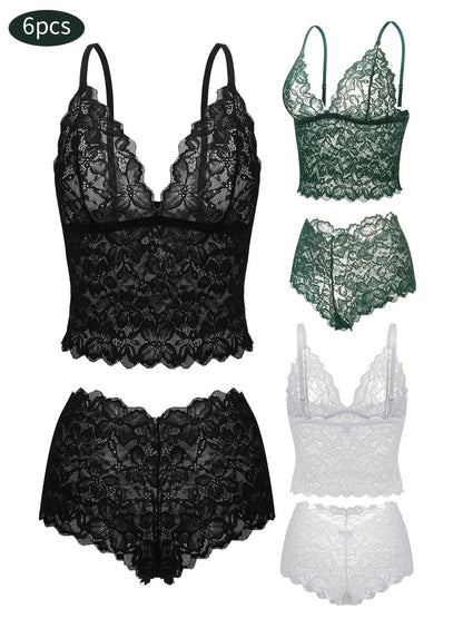6-Pack Women's Bra and Panty Lingerie Set - Floral Lace Coordinated Style