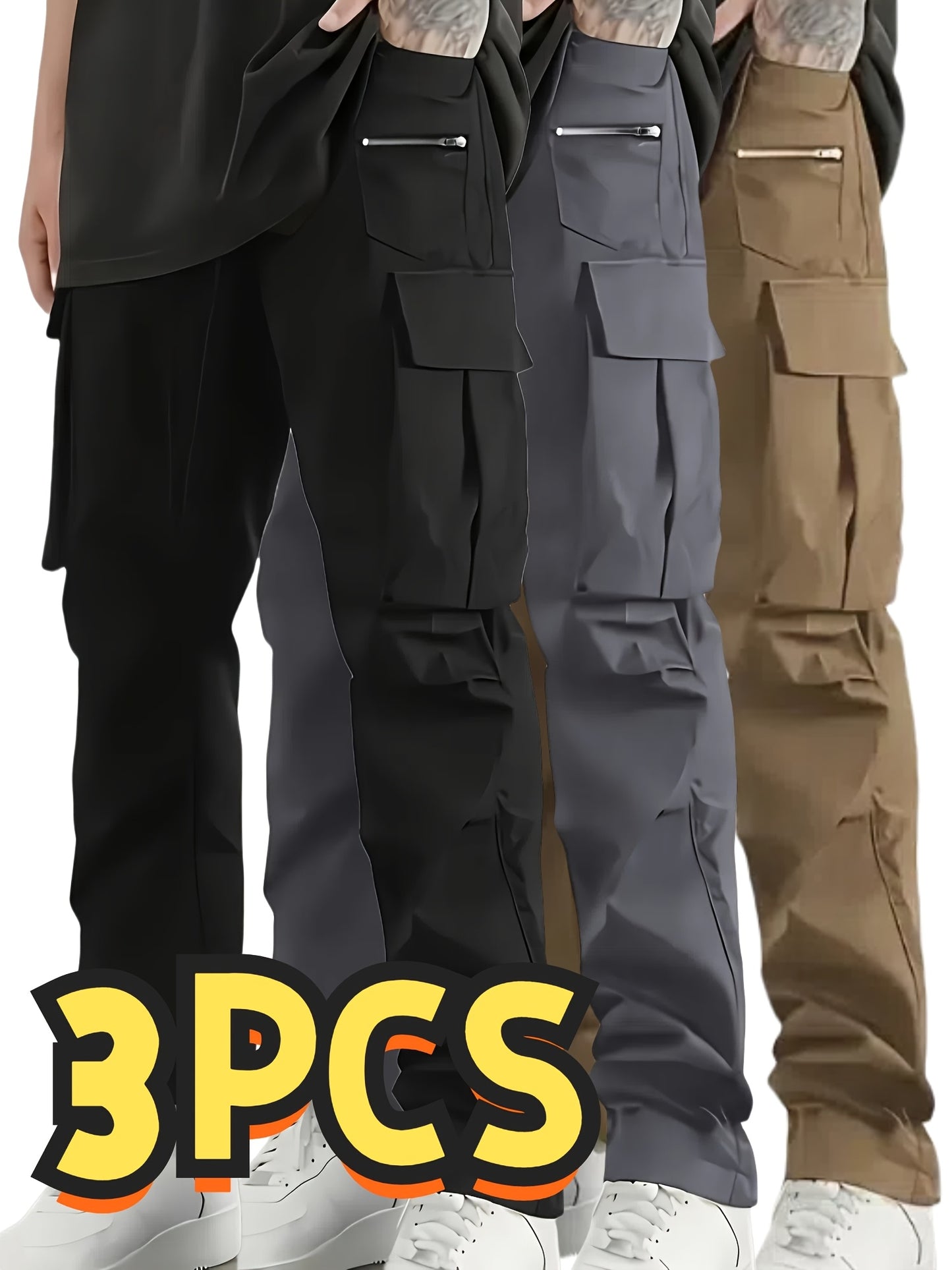 Set of 3 Men'S Relaxed Fit Work Trousers, Casual Cargo Style, Airy And Comfortable Loose Straight Leg Pants Featuring Various Pockets Suitable for All Seasons - Casual Outdoor Trousers Ideal for Hiking And Fishing