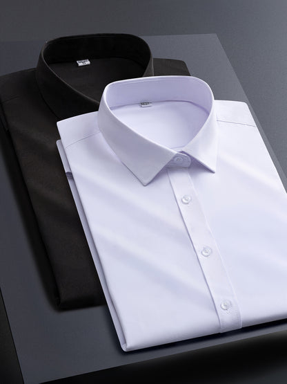 2pcs Men's Long Sleeve Dress Shirts - Elegant White, Stretchy Fabric, Business Casual, Unwrinkled, Single-Breasted with Lapel Collar, All-Season Wear, Casual Attire|Elegant Lapel Shirt|Stretchy Fabric