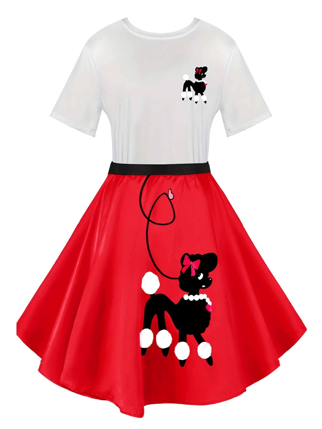 Ladies' Poodle Dress Set Retro Jumping Style 1950S Adult Women'S Halloween Costume T-Shirt Skirt Gloves, Scarf, Glasses, Earrings, Necklace Additions 8pcs Set