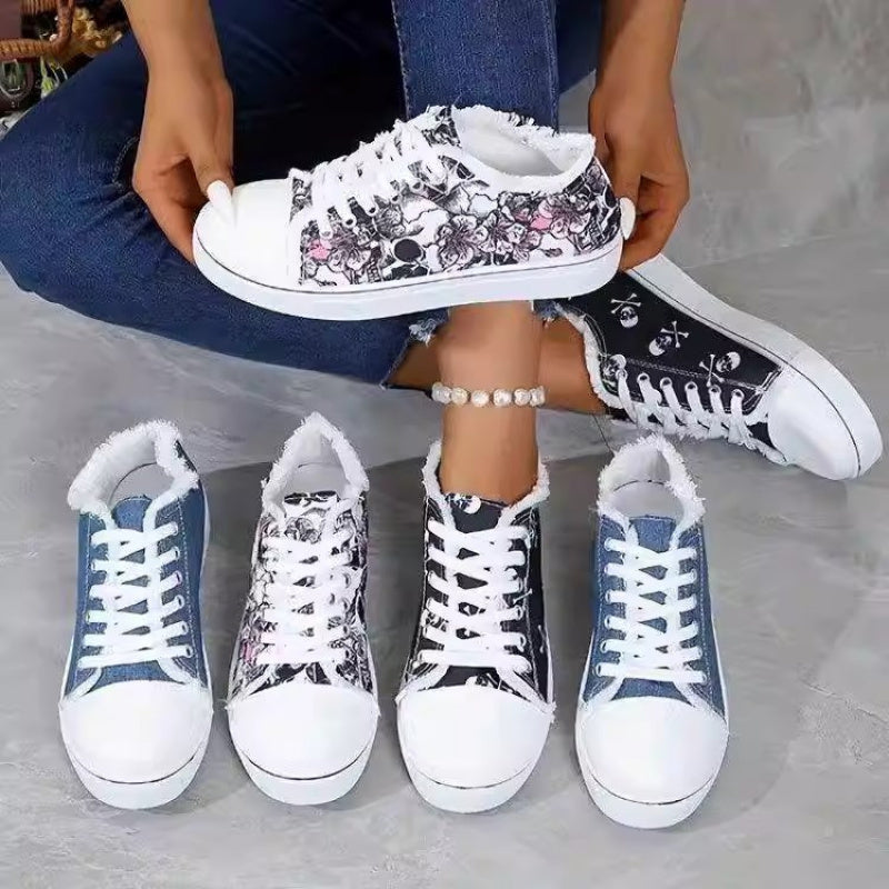 Women's Low-Top Sneakers - Soft Lining & Sole, Round Toe Geometric Embellished Casual Shoes, Low-Top Lace-Up All-Season Wear Suitable for Daily, Office, Semi-Formal - /Korean Style (/Fabric Upper), Women Shoes