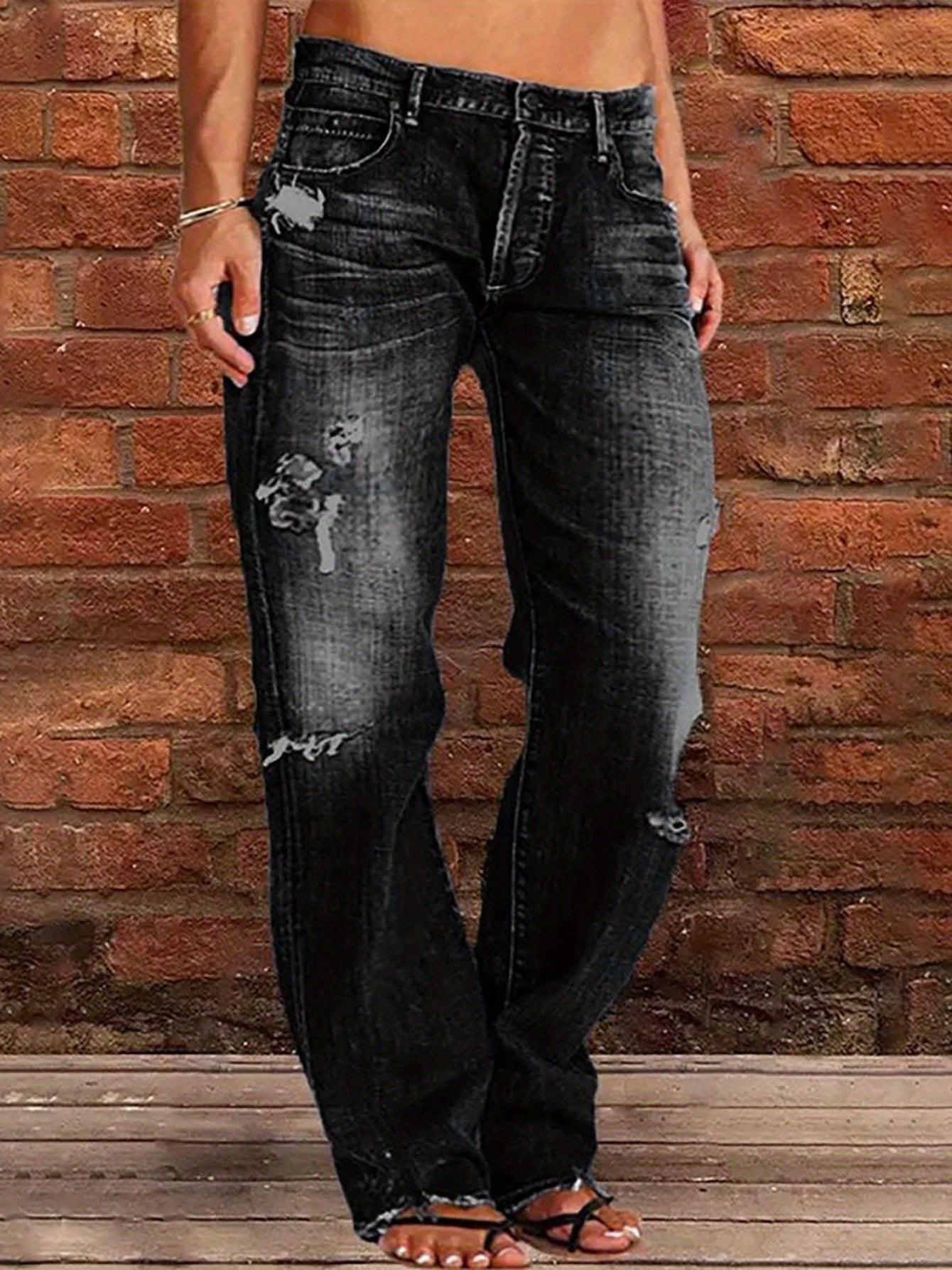 1 Women's Ripped Flare Wide Leg Slightly Stretchy Jeans - Fashion Distressed Casual Streetwear - US Size XS-XXL