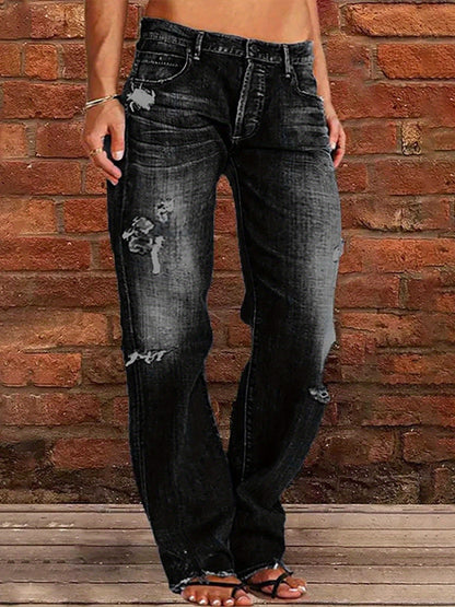 1 Women's Ripped Flare Wide Leg Slightly Stretchy Jeans - Fashion Distressed Casual Streetwear - US Size XS-XXL