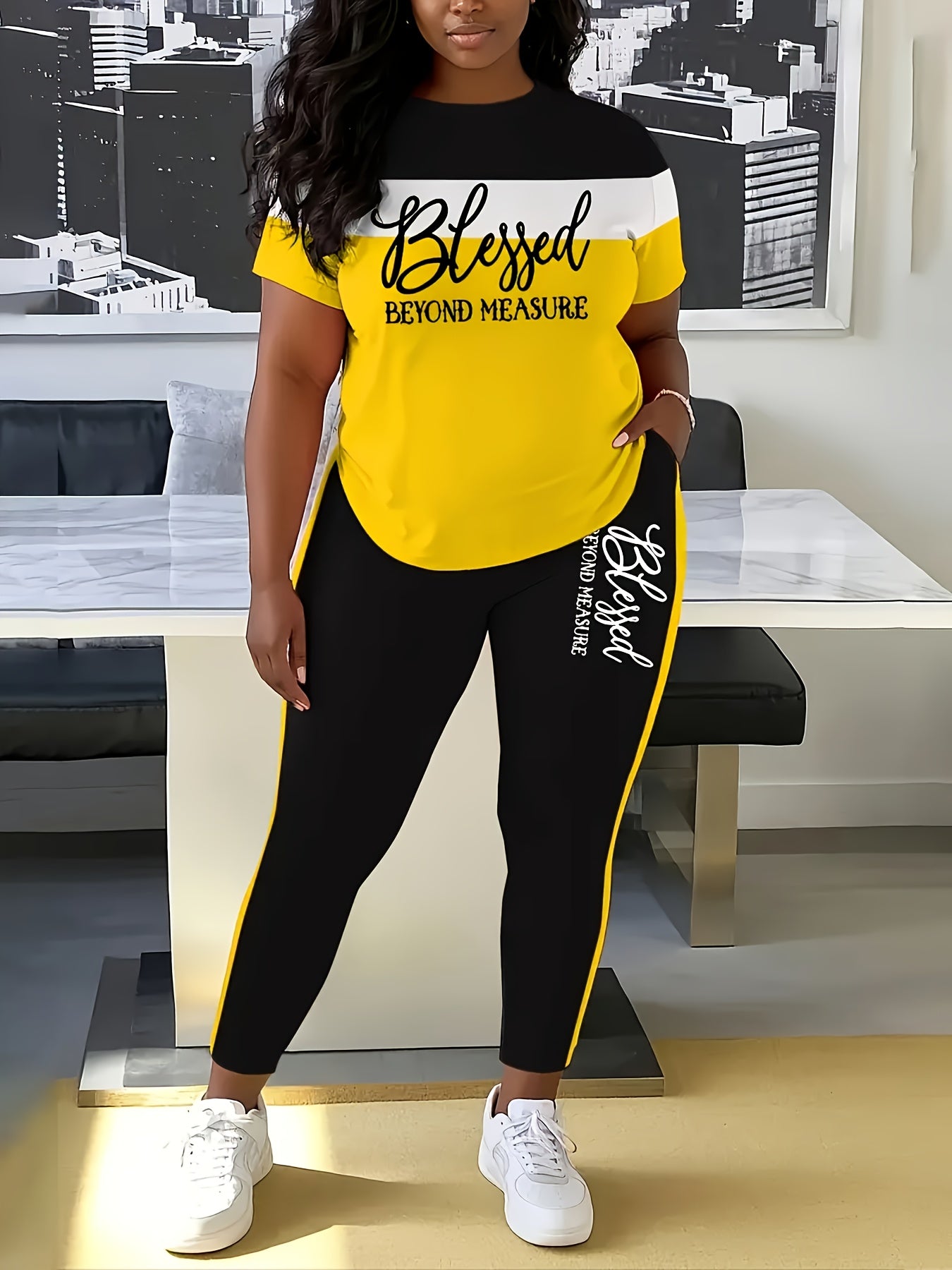Women's Casual Two-Piece Outfit "BLESSED" Letter Print Color-Block T-Shirt And Pocket Pants Set