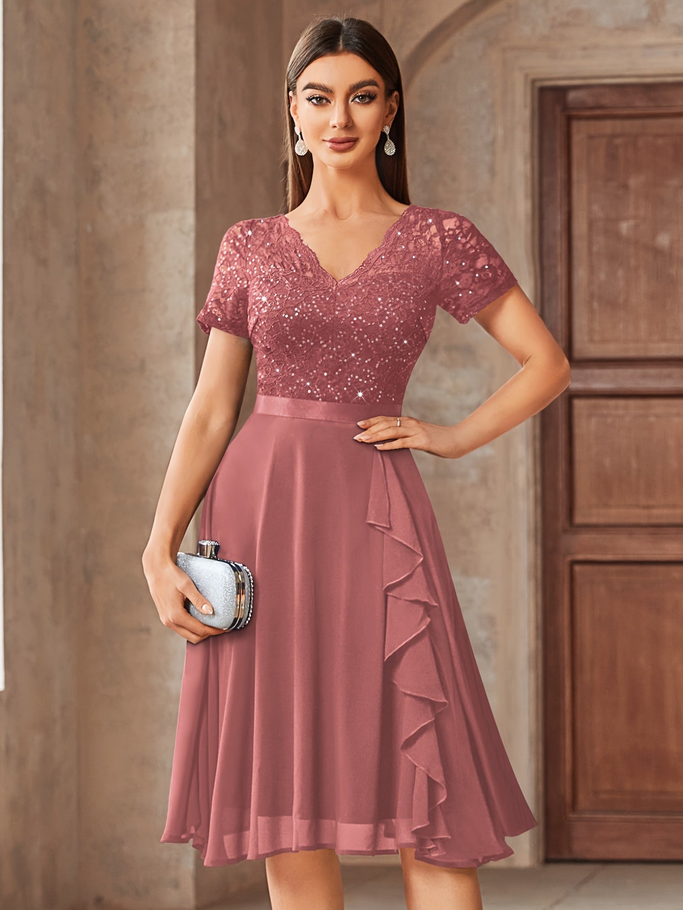 24224 Elegant Womens Sequin Lace Chiffon A Line Bridesmaid Dress, V Neck Short Sleeves, Ruched Ruffle Hem, Perfect for Graduation Season, Wedding Season, Summer Wedding Guest, Evening Party, Cruise Party And Birthday Celebration