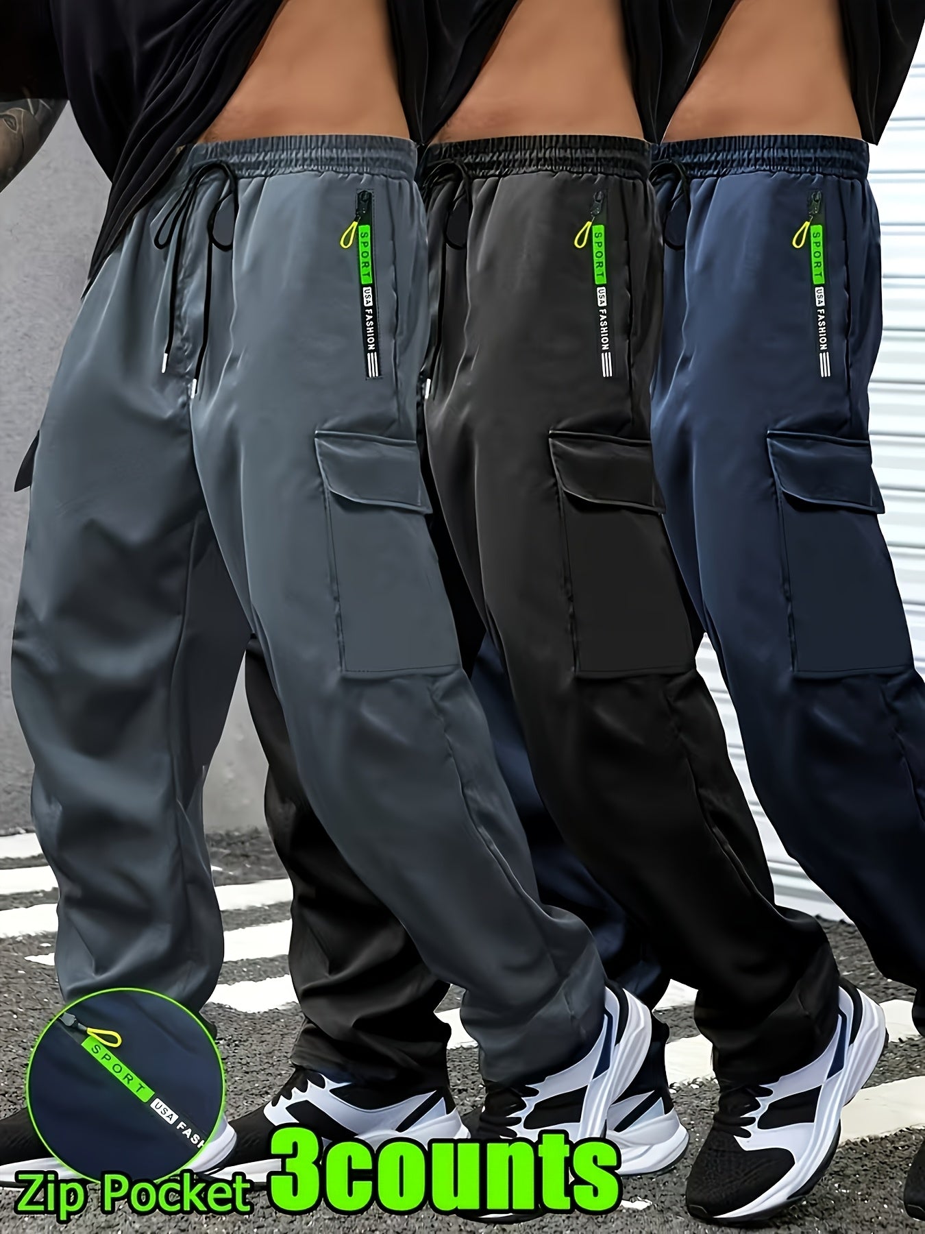 3pcs Men'S Slim Work Pants, With Drawstring Elastic Waist, Zipper Pocket And Large Patch Pocket. Comfortable And Breathable, Suitable For Outdoor And Daily Casual Wear.