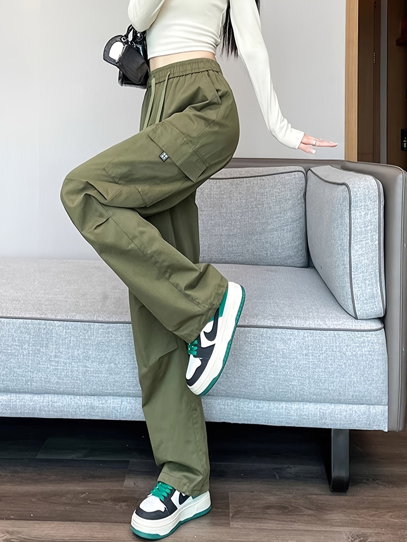 Women&Apos;S Olive Green Cargo Pants - Casual Flap Pockets, Wide-Leg Design, Machine Washable, Spring/Fall Versatile Trousers for Casual Attire, Spring Fall Attire | Relaxed Fit Pants | Nonelastic Fabric