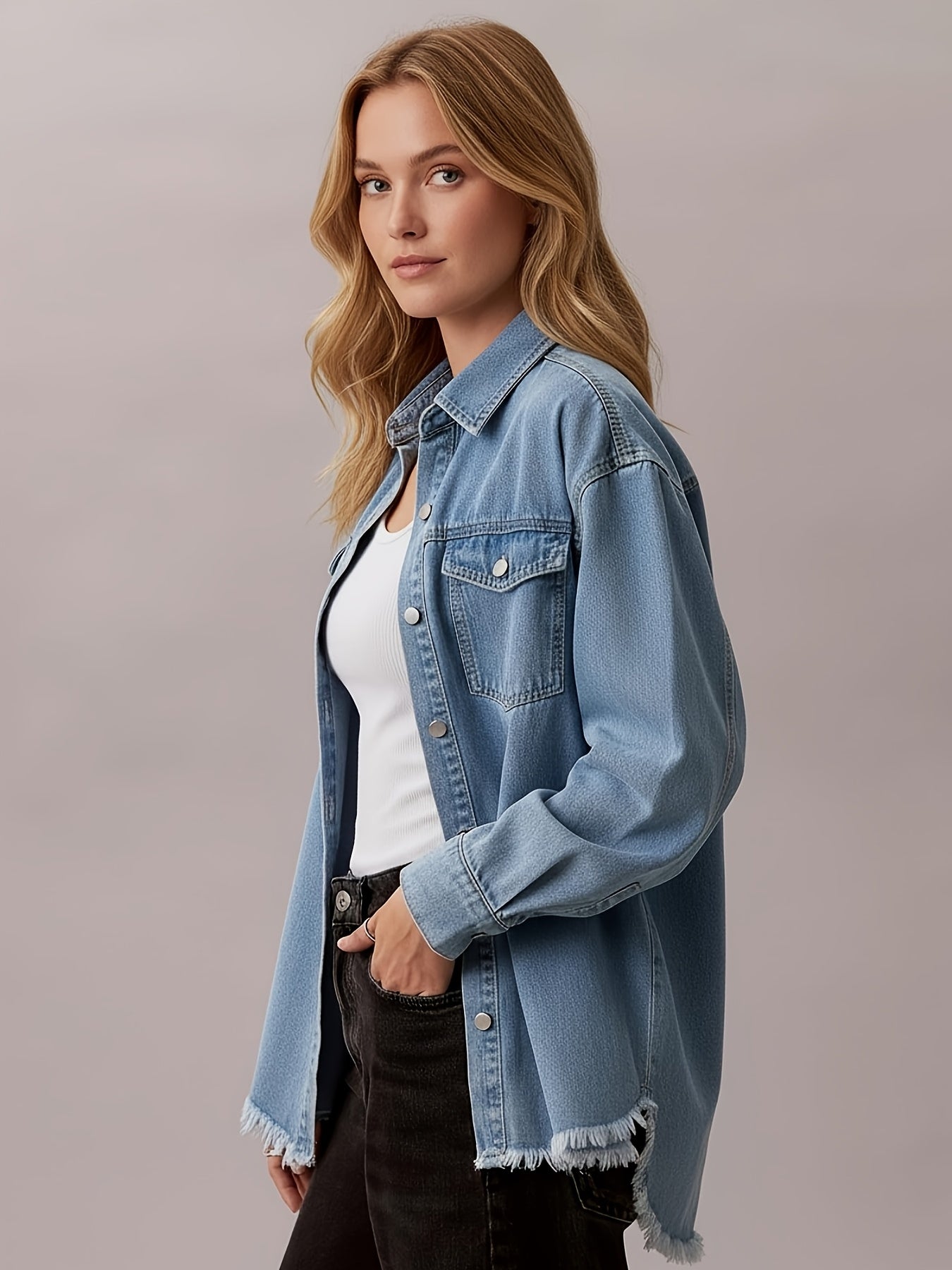 Casual Long-Sleeve Oversized Denim Jacket for Women, Distressed Jean Shirt for Fall Outfits in 2025