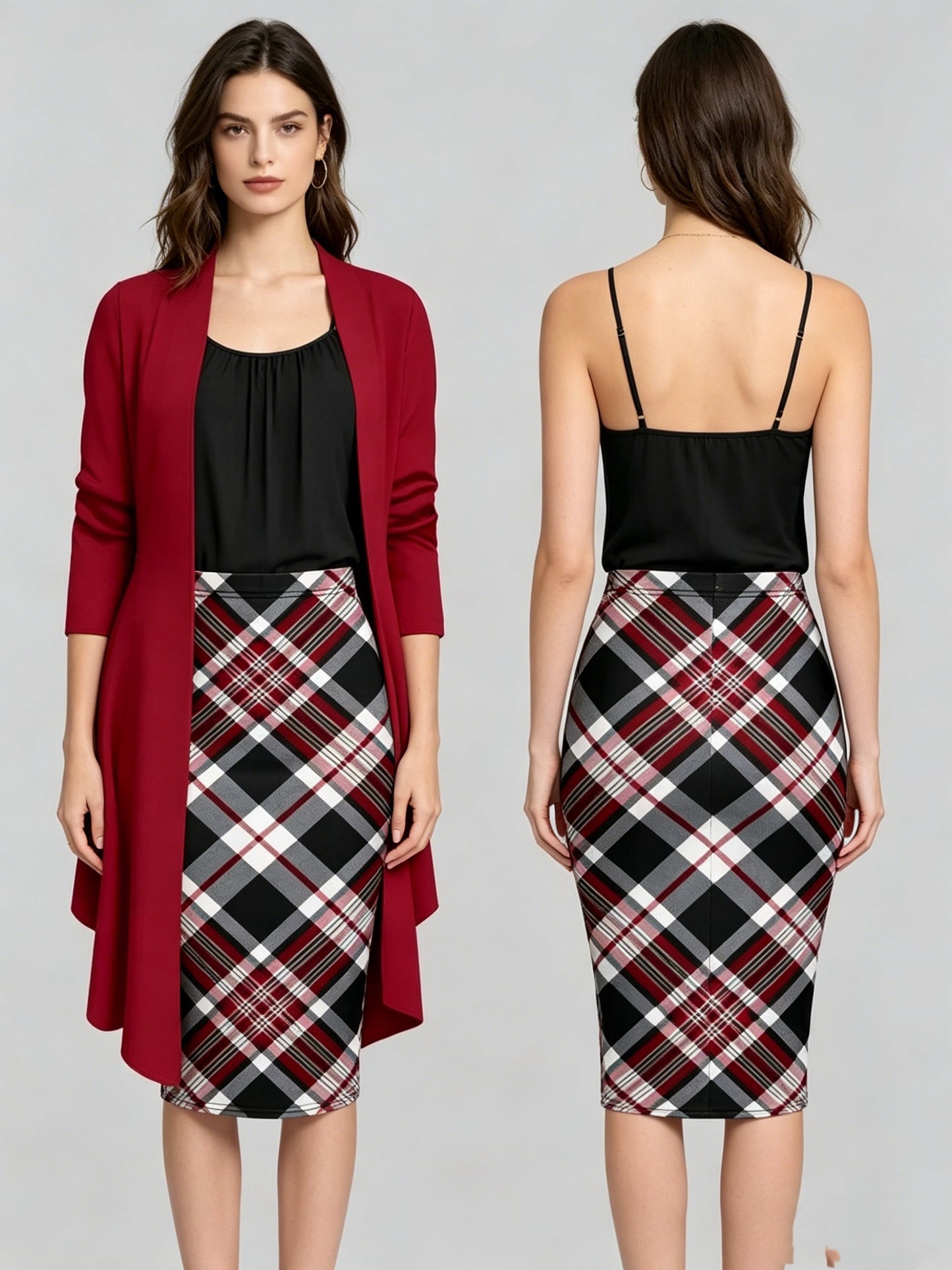 Women'S Retro Irregular Hem Three-Quarter Sleeve Cardigan + Black Camisole and Plaid Bodycon Skirt Three-Piece Set - Spring/Autumn Commuter and Party Outfit