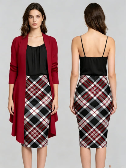 Women'S Retro Irregular Hem Three-Quarter Sleeve Cardigan + Black Camisole and Plaid Bodycon Skirt Three-Piece Set - Spring/Autumn Commuter and Party Outfit