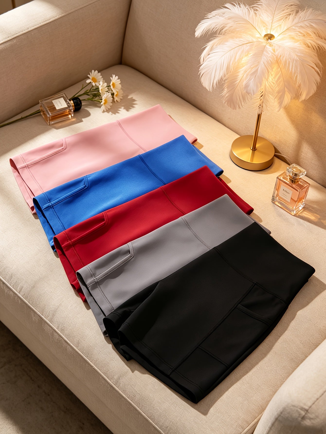 5 Packs Women Biker Shorts, High Waist Hip Lifting, Stretch Tight Fit, Side Pockets Shorts
