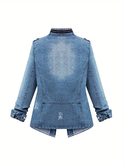 1pc Women's Short Round Neck Three - Quarter Sleeve Light Blue Denim Jacket | Casual Stylish for Daily Outfits, Shopping & Spring - Autumn Wear | Size S - XXL
