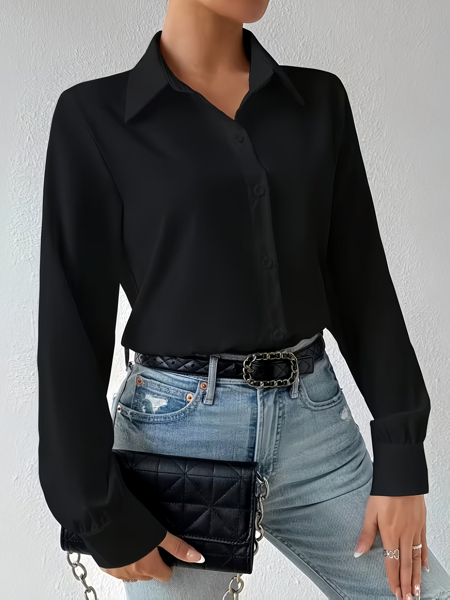 2pcs Women's Elegant Collar Button-Up Jumpsuit Suit - Solid Color Professional Blouse Top for Commuting, Office & Casual Wear, - Versatile Daily Shirt, Hand Washable (No Transparency) for to Outfits