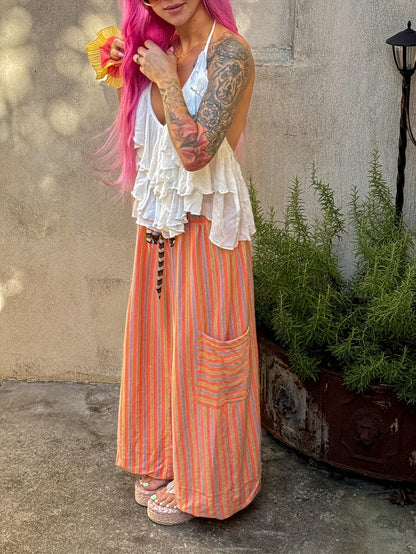 Women's Wide Leg Pants with Elastic Waist & Striped Drawstring - Striped Horizontal Stripes Trousers Suitable for Spring/Summer, Casual Lounge Pants with Side Pockets, Machine Washable Wide-Leg Trousers for Warm Weather