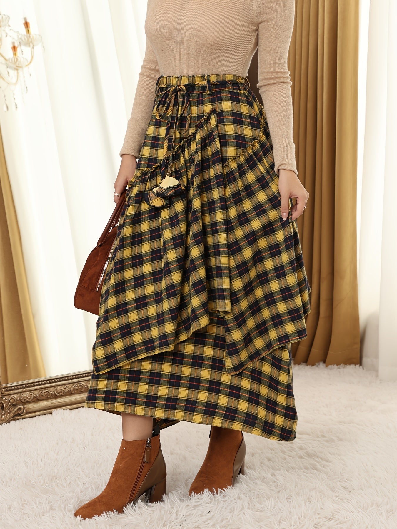 Victorian Gothic Handmade Fringe Plaid Skirt 2025 | Asymmetric Ruffle High-Waist Beach Skirt | Elastic Waist Multi-Layer Vacation Dress | Spring Summer Sweet Style Ladies Gift