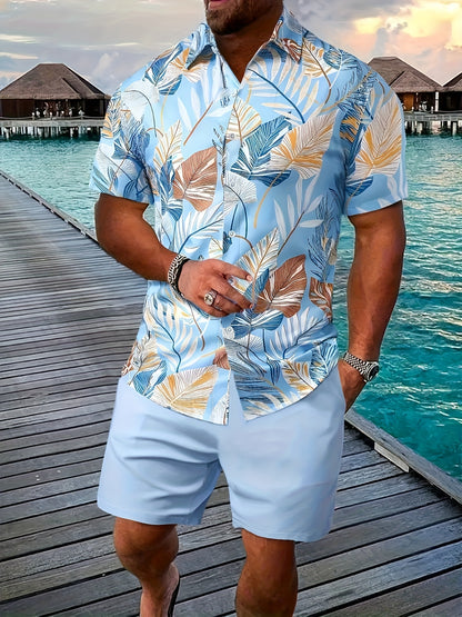 Set of 2pcs: Men'S Summer Short-Sleeve Button-Up Shirt And Shorts.