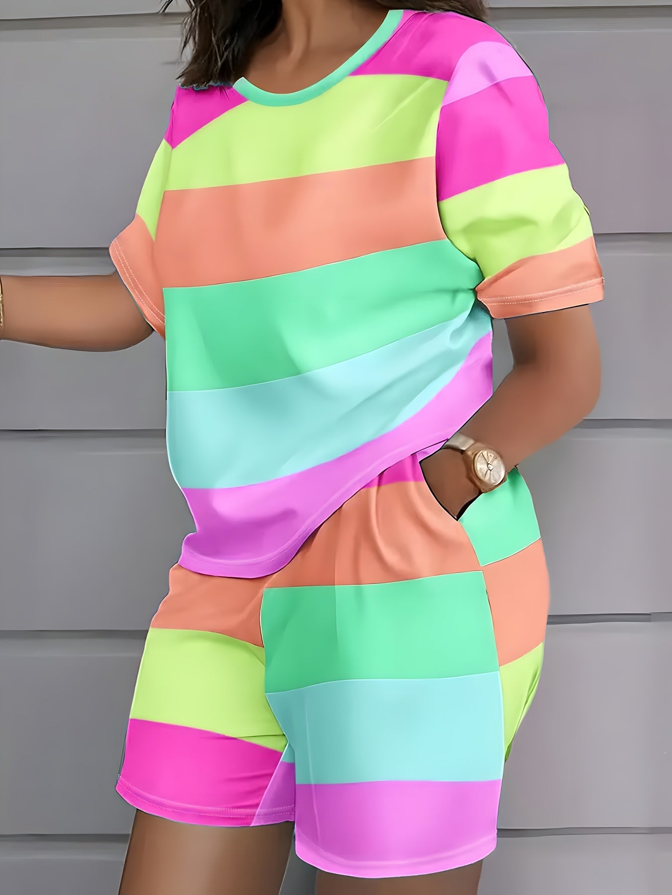 Plus Size, European And American Fashion Color-blocked Stripe Print Casual Shorts Set Plus Size Suit