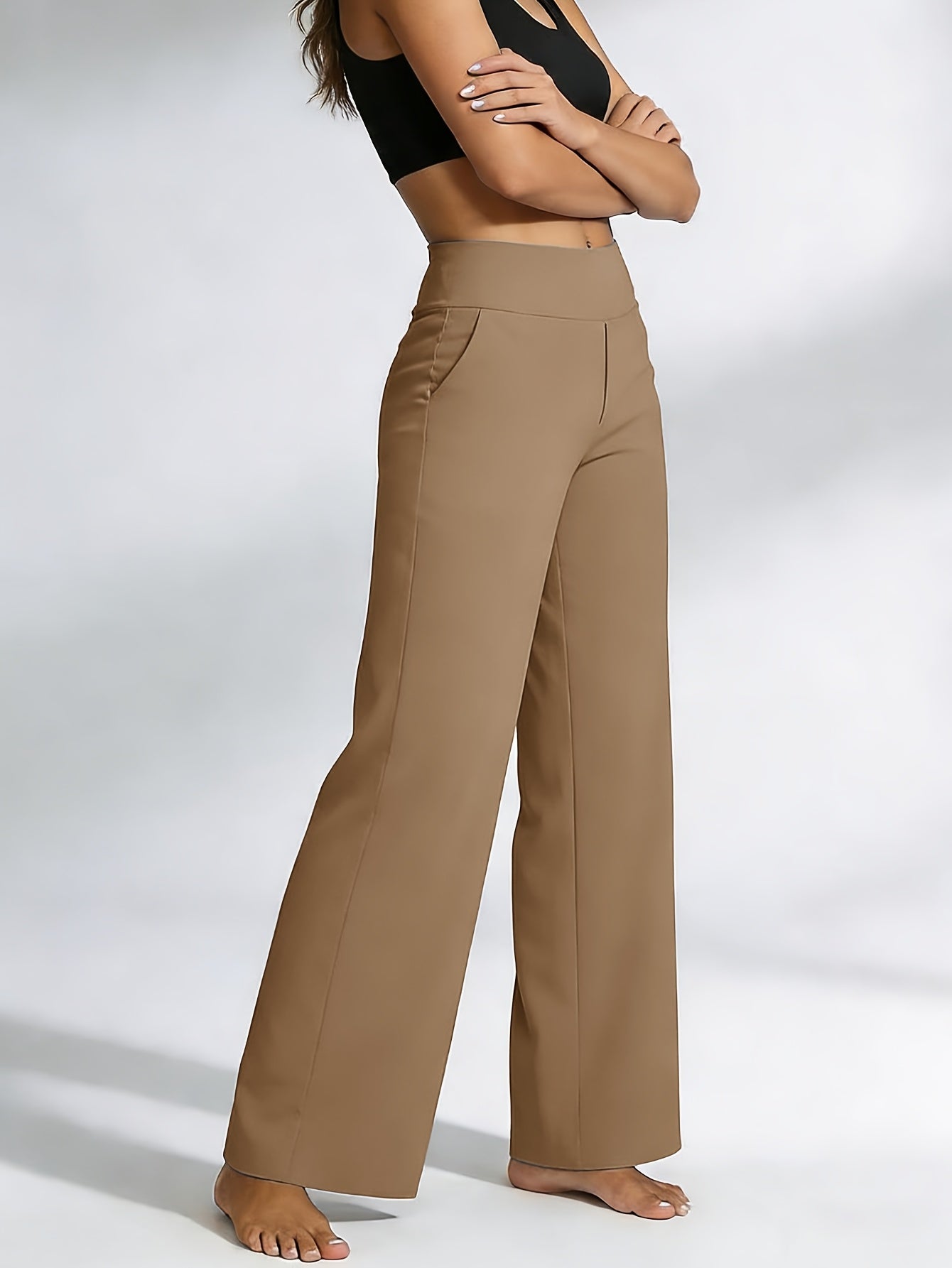 1pc Summer High-waisted Casual Pants, with Pockets And Stretch for Ladies, Straight-leg Pants for Women, Fashionable Yoga Sportswear for Ladies, Yoga Pants for Women