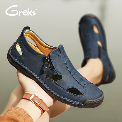 GREKS Men's Closed-Toe Fisherman Sandals Slip-On | Breathable Comfortable Casual Loafers for Summer Outdoor Driving & Walking | Side Zipper Hand-Sewn