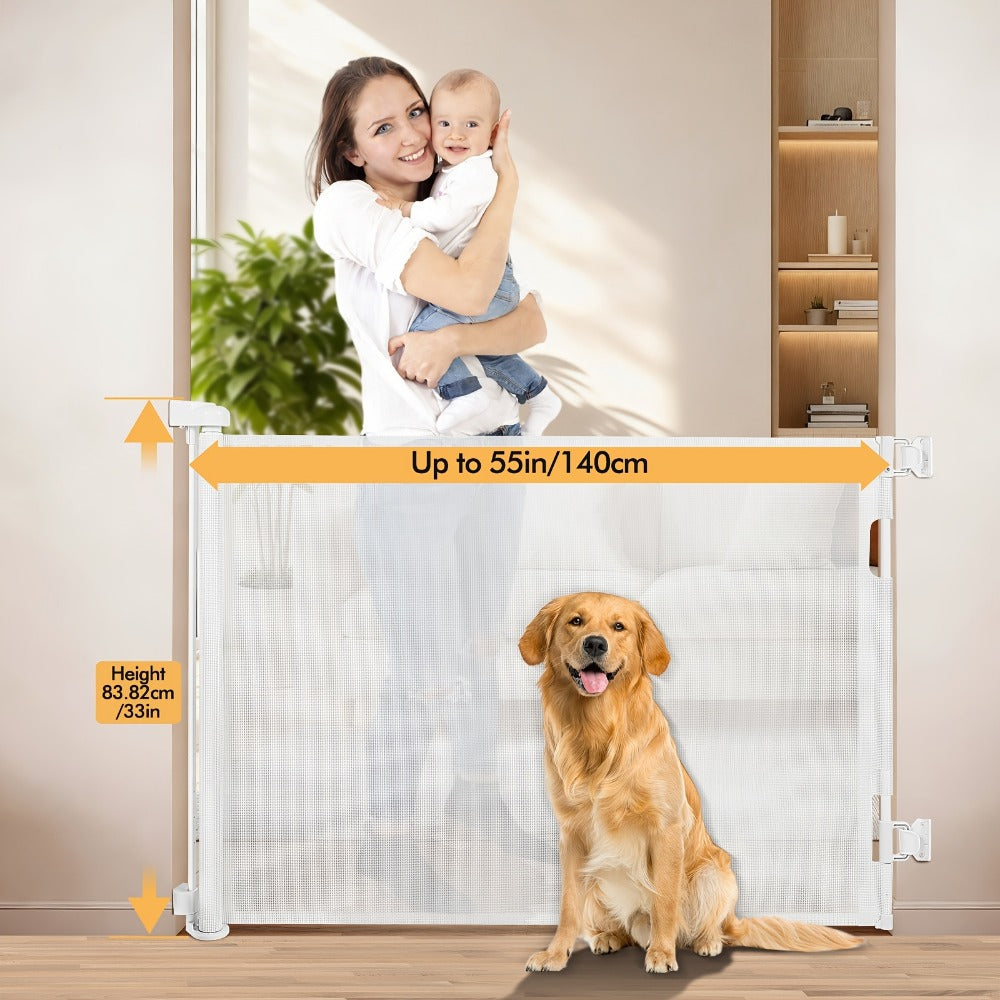 Retractable Mesh Safety Gate - 33/41 Inch Tall - Hardware-mounted expandable mesh design