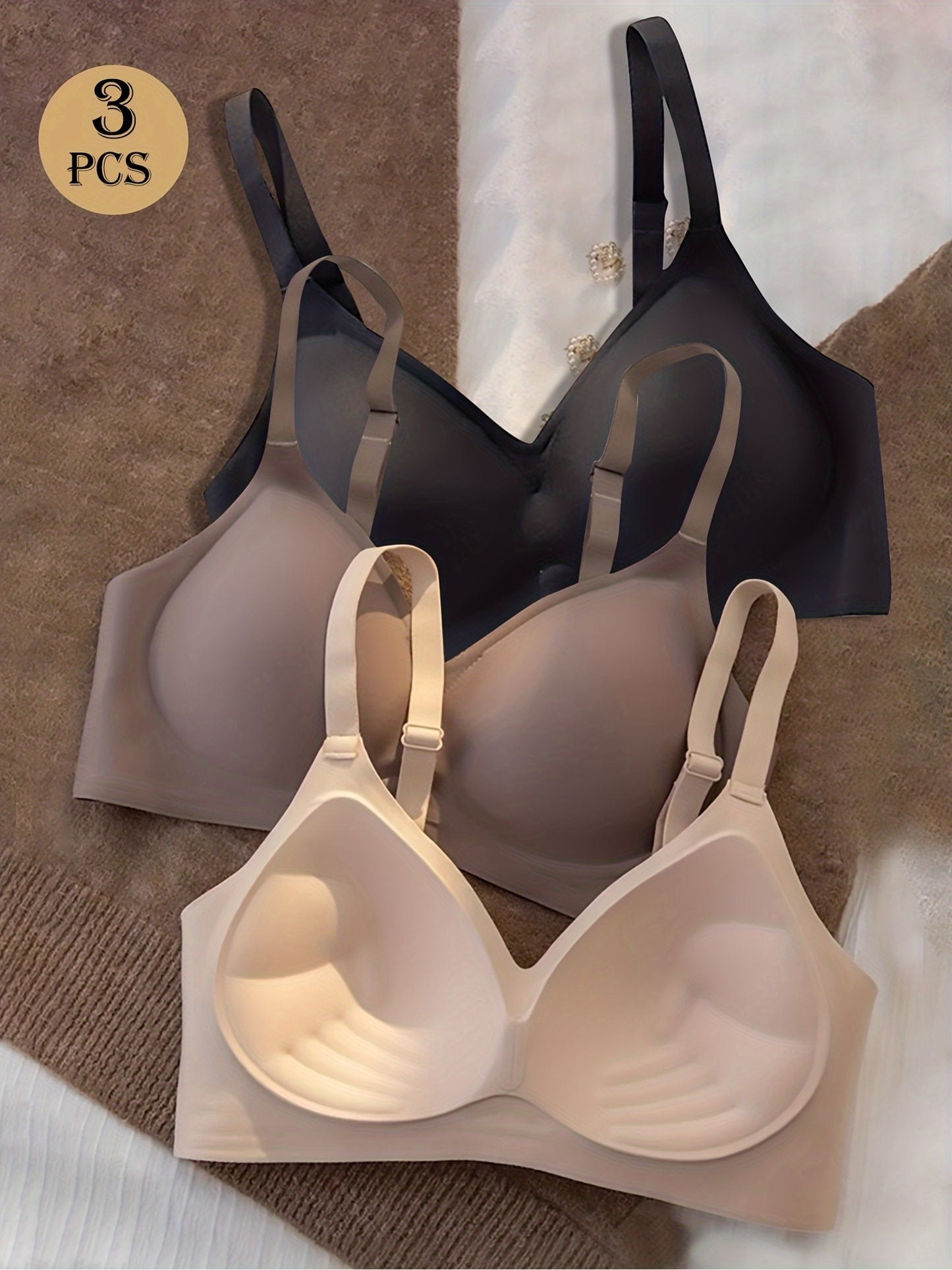 3pcs Women'S Wireless Push-Up Bra - No Underwire, Soft Lift Design with Adjustable Straps & Non-Removable Padding, Nude Tones for Daily & Special Events, Elegant Everyday & Formal Bras for Small Busts, Comfortable Fit