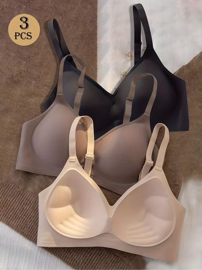 3pcs Women'S Wireless Push-Up Bra - No Underwire, Soft Lift Design with Adjustable Straps & Non-Removable Padding, Nude Tones for Daily & Special Events, Elegant Everyday & Formal Bras for Small Busts, Comfortable Fit