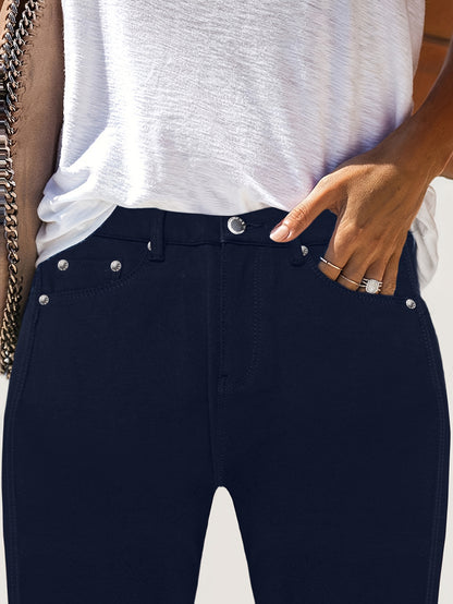 Women's High-Waisted Stretch Street Style Solid Black Skinny Fashion Metal Button Detail Casual Jeans