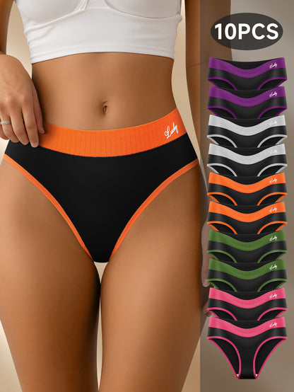 10pcs Women's color-matched triangle underwear with high elasticity waistband. The fit is snug but not tight, not causing any chafing discomfort. The breathable crotch area is comfortable and cool, without feeling stuffy.