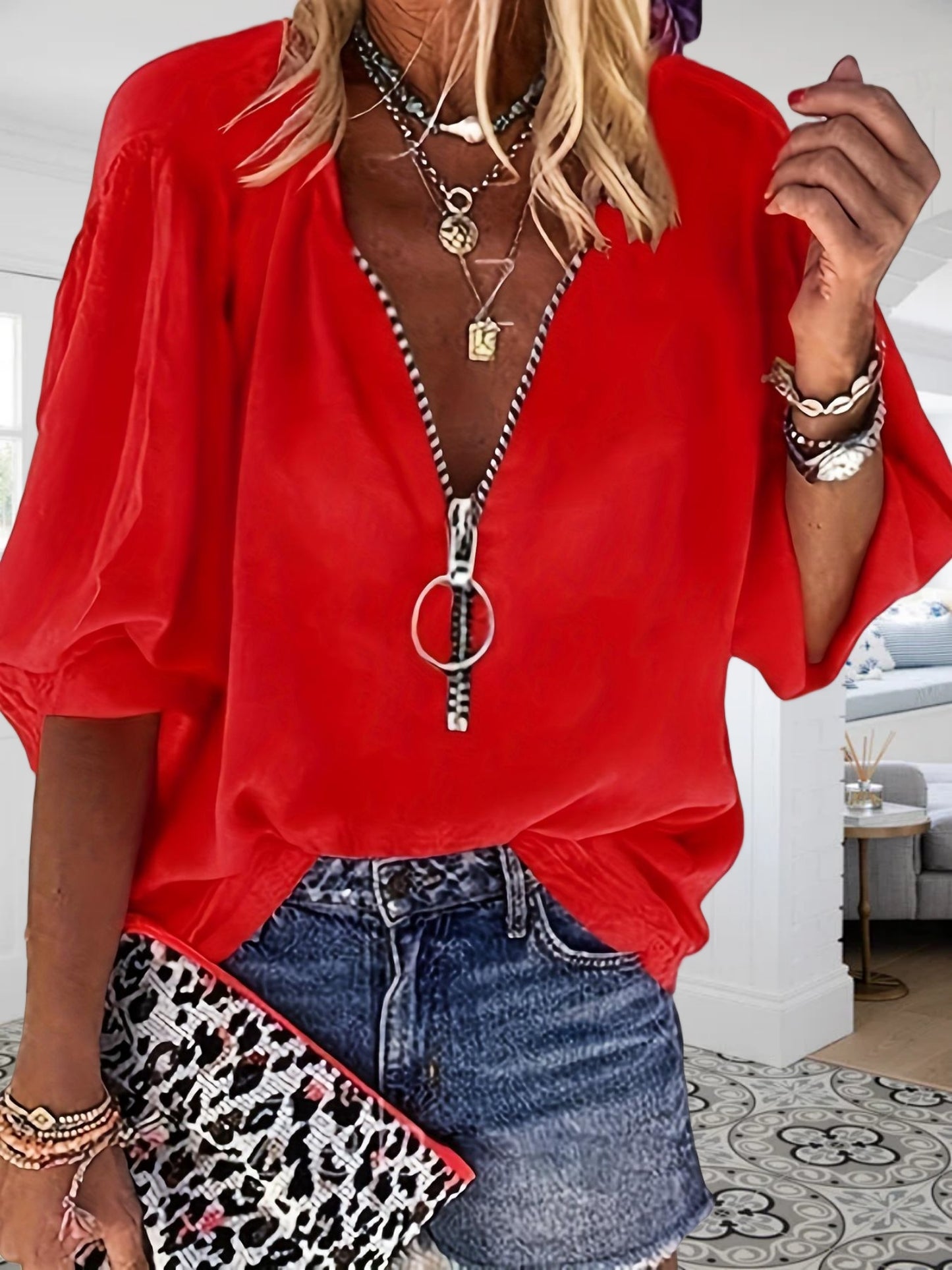 Solid Color Zipper Up Blouse, Casual V Neck Long Sleeve Blouse For Spring & Fall, Women'S Clothing