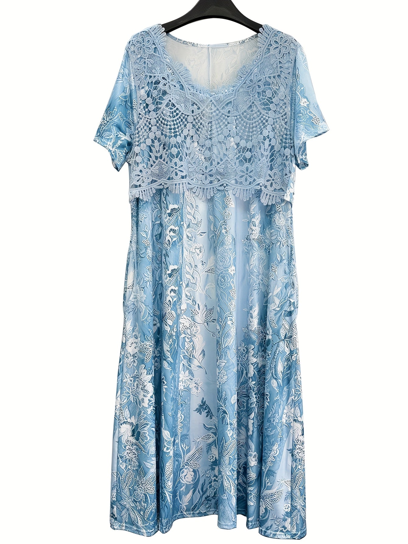 Plus Size Short Sleeve Midi Dress with Lace Neck And Flower Print