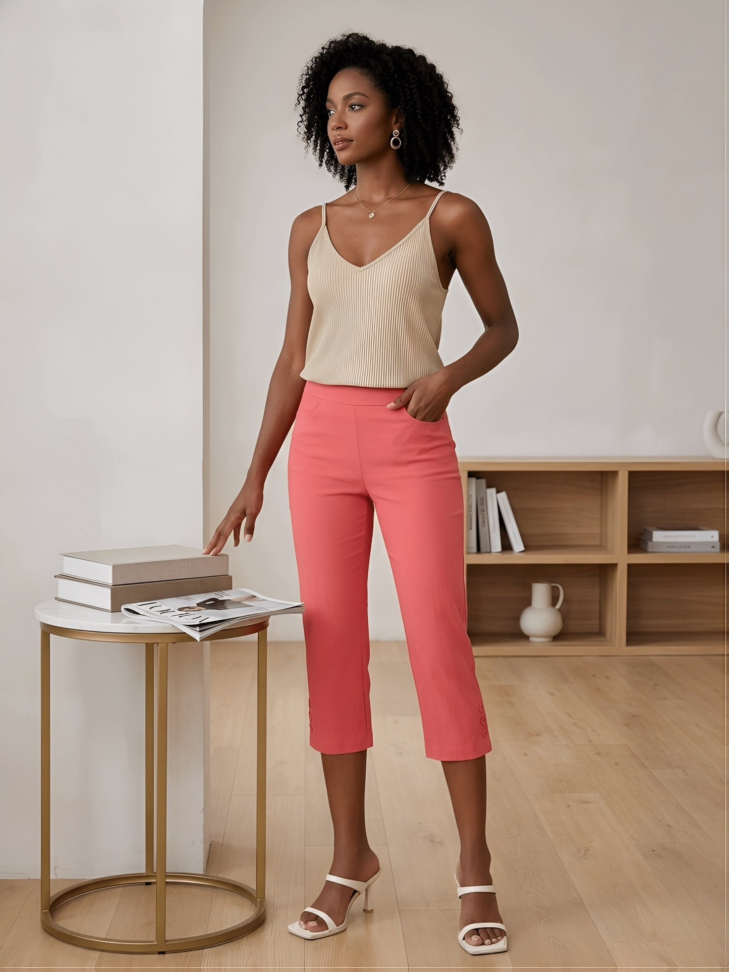 Women'S High-waisted Slim-fitting Capri Pants, Suitable For, Work And Daily Wear, With Pockets